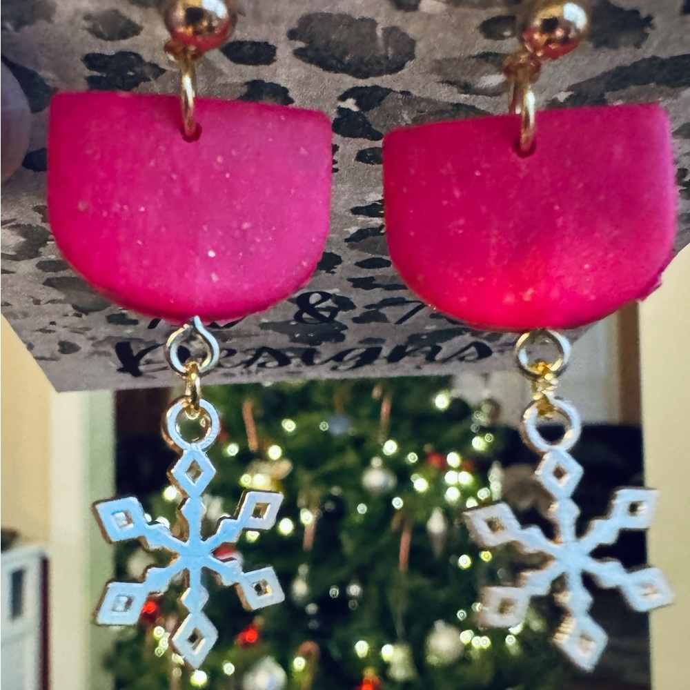Hot Pink and Gold Clay Snowflake Earrings